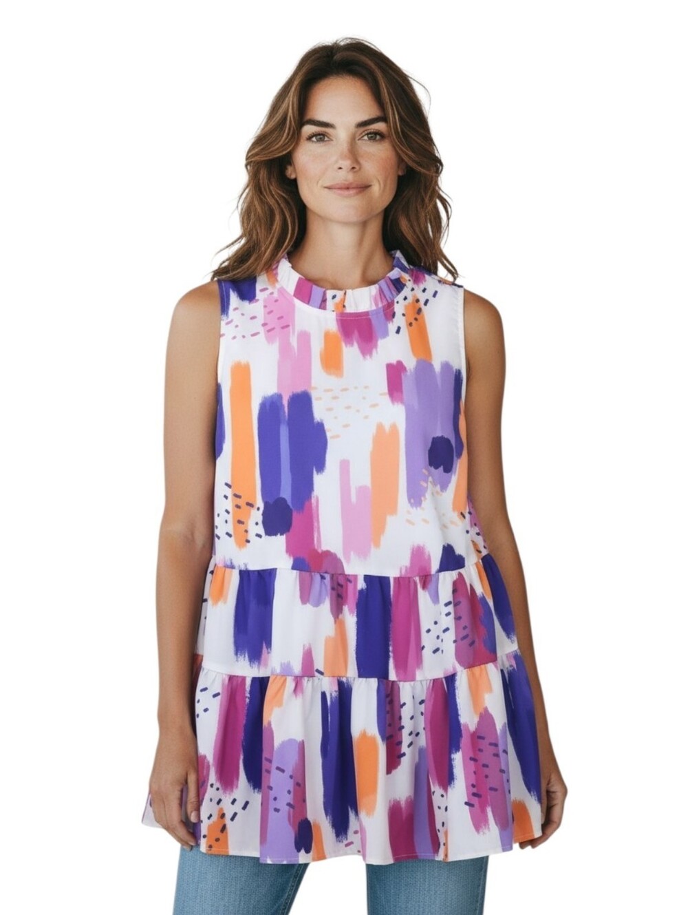 Emery Rose Silky Colorful Printed  Sleeveless Tiered Peplum Top